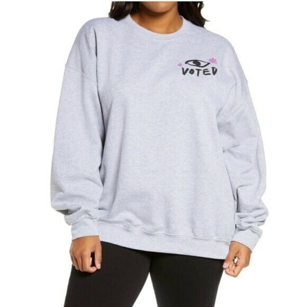 BP Womens Size Small Evil Eye Voted Graphic Crew Neck Pullover Sweatshirt Gray